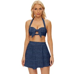 Digital Dark Blue Linen Vintage Style Bikini Top And Skirt Set  by ConteMonfrey