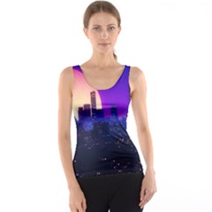 The Sun Night Music The City Background 80s, 80 s Synth Women s Basic Tank Top