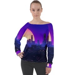 The Sun Night Music The City Background 80s, 80 s Synth Off Shoulder Long Sleeve Velour Top by uniart180623