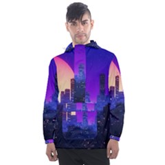 The Sun Night Music The City Background 80s, 80 s Synth Men s Front Pocket Pullover Windbreaker by uniart180623