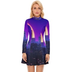 The Sun Night Music The City Background 80s, 80 s Synth Long Sleeve Velour Longline Dress by uniart180623