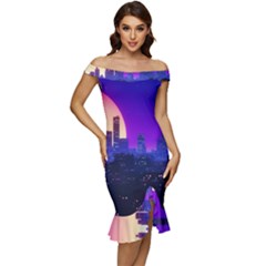 The Sun Night Music The City Background 80s, 80 s Synth Off Shoulder Ruffle Split Hem Bodycon Dress by uniart180623