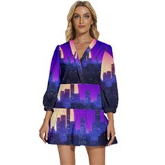 The Sun Night Music The City Background 80s, 80 s Synth V-neck Placket Mini Dress by uniart180623