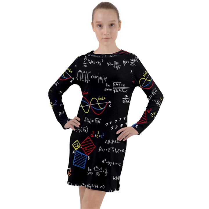 Black Background With Text Overlay Mathematics Formula Board Long Sleeve Hoodie Dress