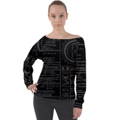 Black Background With Text Overlay Mathematics Trigonometry Off Shoulder Long Sleeve Velour Top by uniart180623