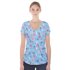 Pink And Blue Floral Wallpaper Short Sleeve Front Detail Top by uniart180623