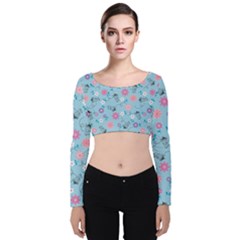 Pink And Blue Floral Wallpaper Velvet Long Sleeve Crop Top by uniart180623