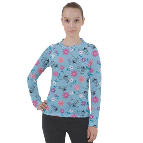 Pink And Blue Floral Wallpaper Women s Pique Long Sleeve Tee by uniart180623