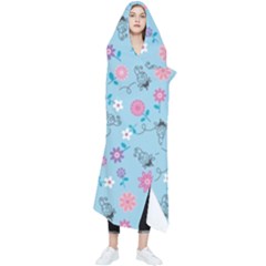 Pink And Blue Floral Wallpaper Wearable Blanket by uniart180623