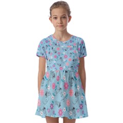 Pink And Blue Floral Wallpaper Kids  Short Sleeve Pinafore Style Dress by uniart180623