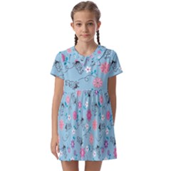 Pink And Blue Floral Wallpaper Kids  Asymmetric Collar Dress by uniart180623