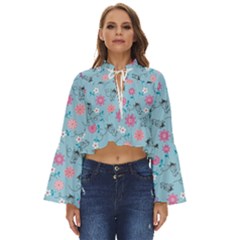 Pink And Blue Floral Wallpaper Boho Long Bell Sleeve Top by uniart180623