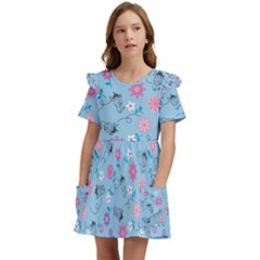 Pink And Blue Floral Wallpaper Kids  Frilly Sleeves Pocket Dress by uniart180623