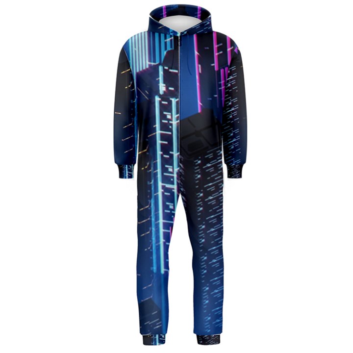 Night Music The City Neon Background Synth Retrowave Hooded Jumpsuit (Men)