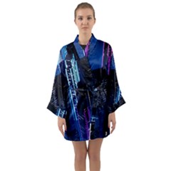 Night Music The City Neon Background Synth Retrowave Long Sleeve Satin Kimono by uniart180623