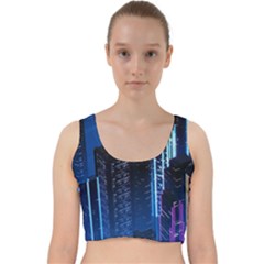 Night Music The City Neon Background Synth Retrowave Velvet Racer Back Crop Top by uniart180623