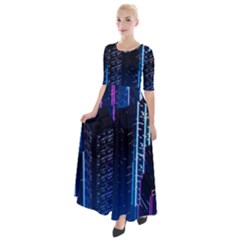 Night Music The City Neon Background Synth Retrowave Half Sleeves Maxi Dress by uniart180623