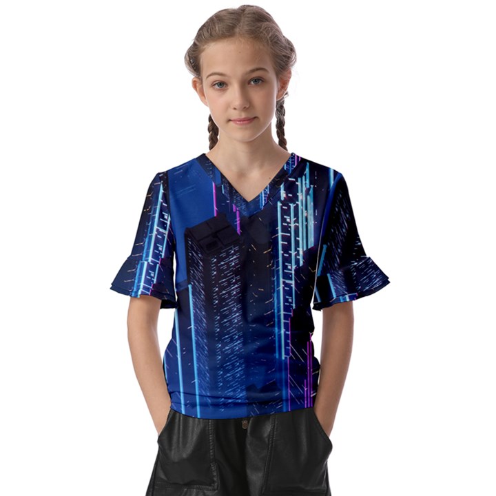 Night Music The City Neon Background Synth Retrowave Kids  V-Neck Horn Sleeve Blouse