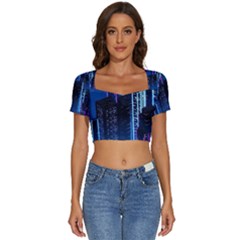 Night Music The City Neon Background Synth Retrowave Short Sleeve Square Neckline Crop Top 