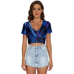 Night Music The City Neon Background Synth Retrowave V-neck Crop Top by uniart180623