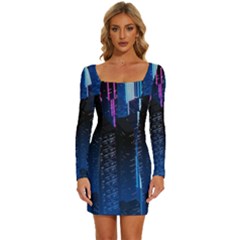 Night Music The City Neon Background Synth Retrowave Long Sleeve Square Neck Bodycon Velvet Dress by uniart180623