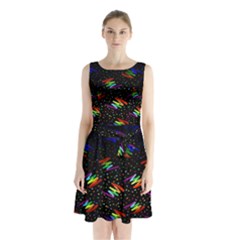 Rainbows Pixel Pattern Sleeveless Waist Tie Chiffon Dress by uniart180623