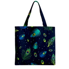 Blue Background Pattern Feather Peacock Zipper Grocery Tote Bag by uniart180623