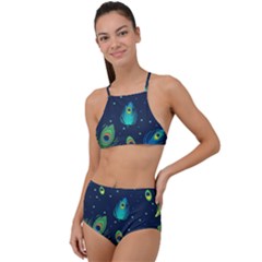 Blue Background Pattern Feather Peacock Halter Tankini Set by uniart180623