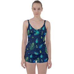 Blue Background Pattern Feather Peacock Tie Front Two Piece Tankini by uniart180623