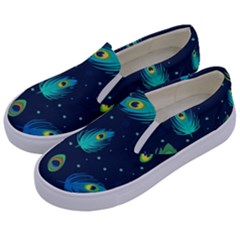 Blue Background Pattern Feather Peacock Kids  Canvas Slip Ons by uniart180623