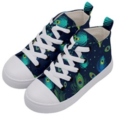 Blue Background Pattern Feather Peacock Kids  Mid-top Canvas Sneakers by uniart180623