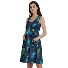 Blue Background Pattern Feather Peacock Sleeveless Dress With Pocket by uniart180623