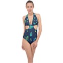 Blue Background Pattern Feather Peacock Halter Front Plunge Swimsuit View1