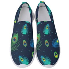 Blue Background Pattern Feather Peacock Men s Slip On Sneakers by uniart180623