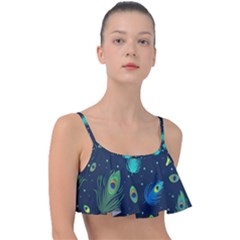 Blue Background Pattern Feather Peacock Frill Bikini Top by uniart180623