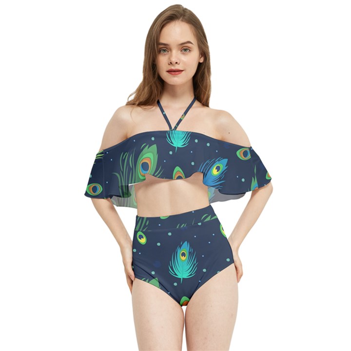 Blue Background Pattern Feather Peacock Halter Flowy Bikini Set 