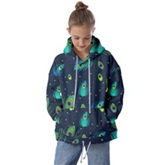 Blue Background Pattern Feather Peacock Kids  Oversized Hoodie by uniart180623