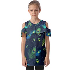 Blue Background Pattern Feather Peacock Fold Over Open Sleeve Top by uniart180623