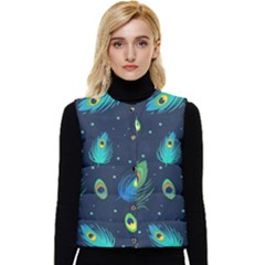 Blue Background Pattern Feather Peacock Women s Button Up Puffer Vest by uniart180623