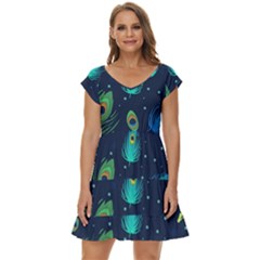 Blue Background Pattern Feather Peacock Short Sleeve Tiered Mini Dress by uniart180623