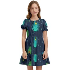 Blue Background Pattern Feather Peacock Kids  Puff Sleeved Dress by uniart180623