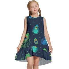 Blue Background Pattern Feather Peacock Kids  Frill Swing Dress