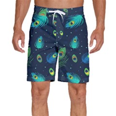 Blue Background Pattern Feather Peacock Men s Beach Shorts by uniart180623