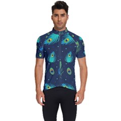 Blue Background Pattern Feather Peacock Men s Short Sleeve Cycling Jersey by uniart180623