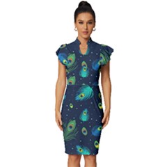 Blue Background Pattern Feather Peacock Vintage Frill Sleeve V-neck Bodycon Dress by uniart180623