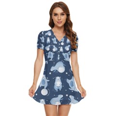 Bear Pattern Patterns Planet Animals V-neck High Waist Chiffon Mini Dress by uniart180623