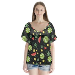 Watermelon Berries Patterns Pattern V-neck Flutter Sleeve Top