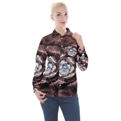 Flower Fractal Art Cool Petal Abstract Women s Long Sleeve Pocket Shirt by uniart180623