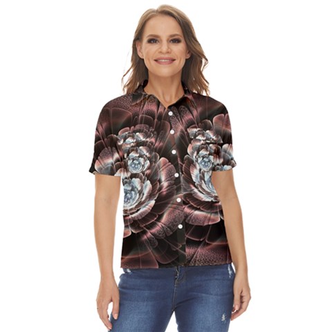 Flower Fractal Art Cool Petal Abstract Women s Short Sleeve Double Pocket Shirt by uniart180623