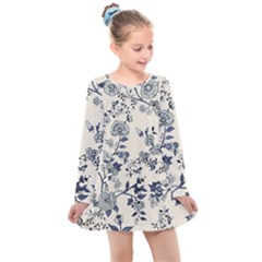 Vintage Background Blue Roses Rose Pattern Retro Kids  Long Sleeve Dress by uniart180623